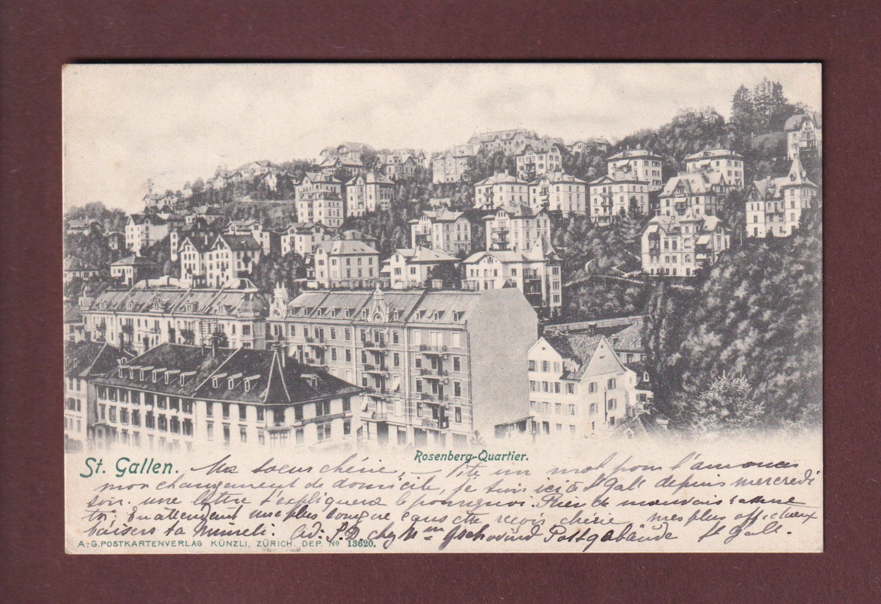 Cartoline postali: ST. GALLEN - Rosenberg-Quartier - 1902 – Usato da Pully venduto da nicecards