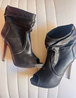 Black Leather Peep-Toe Stiletto Ankle Boots, Size 7/40