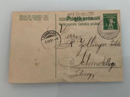 1909, 5 Rp. Postkarte mit Bahnpost Wil-Zürich Schindellegi