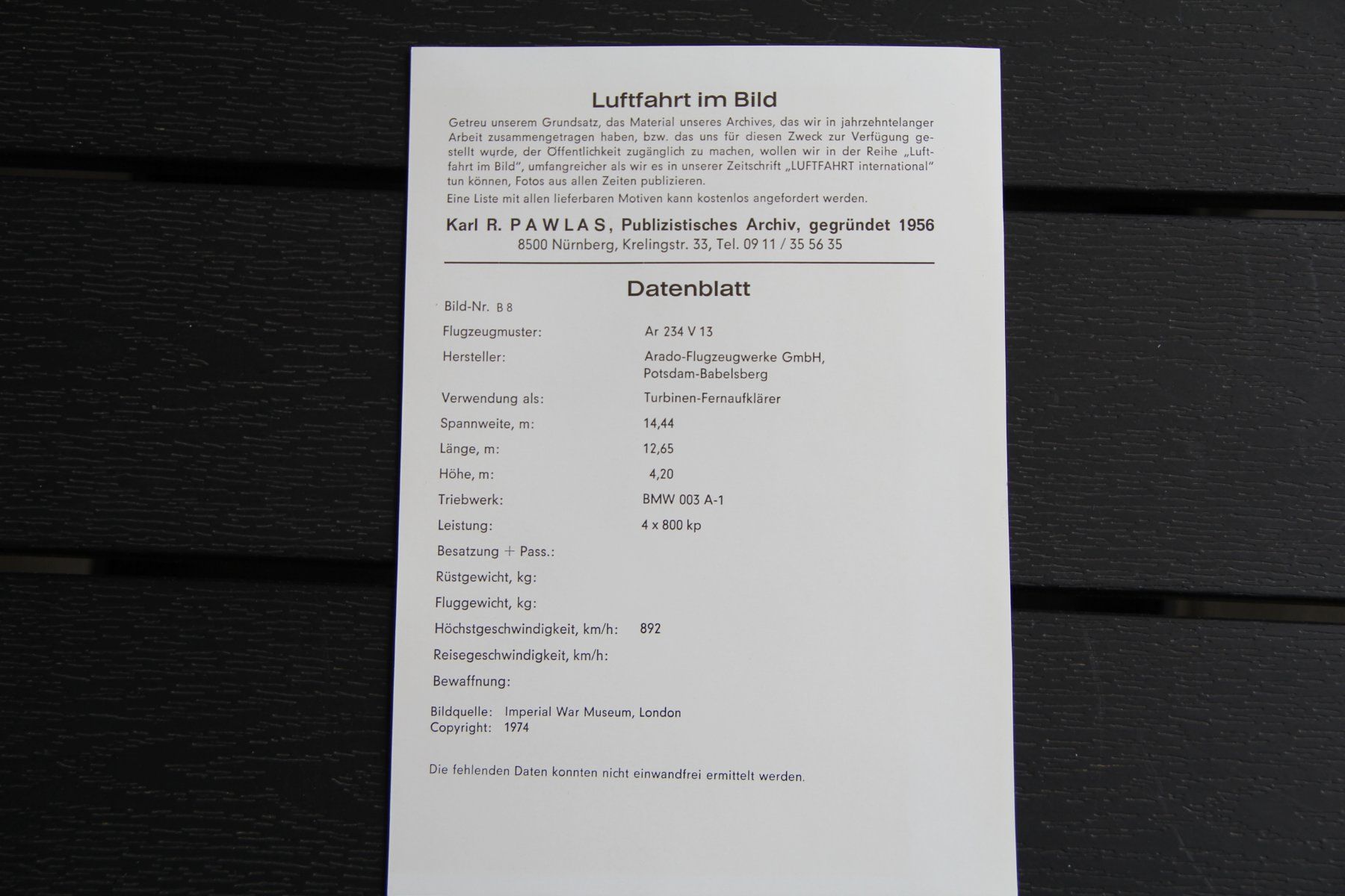 Foto & Immagini: Luftfahrt im Bild, 62 Stk. Datenkarte inkl. technischen Ang. – Usato da Belp venduto da Tomsek 1