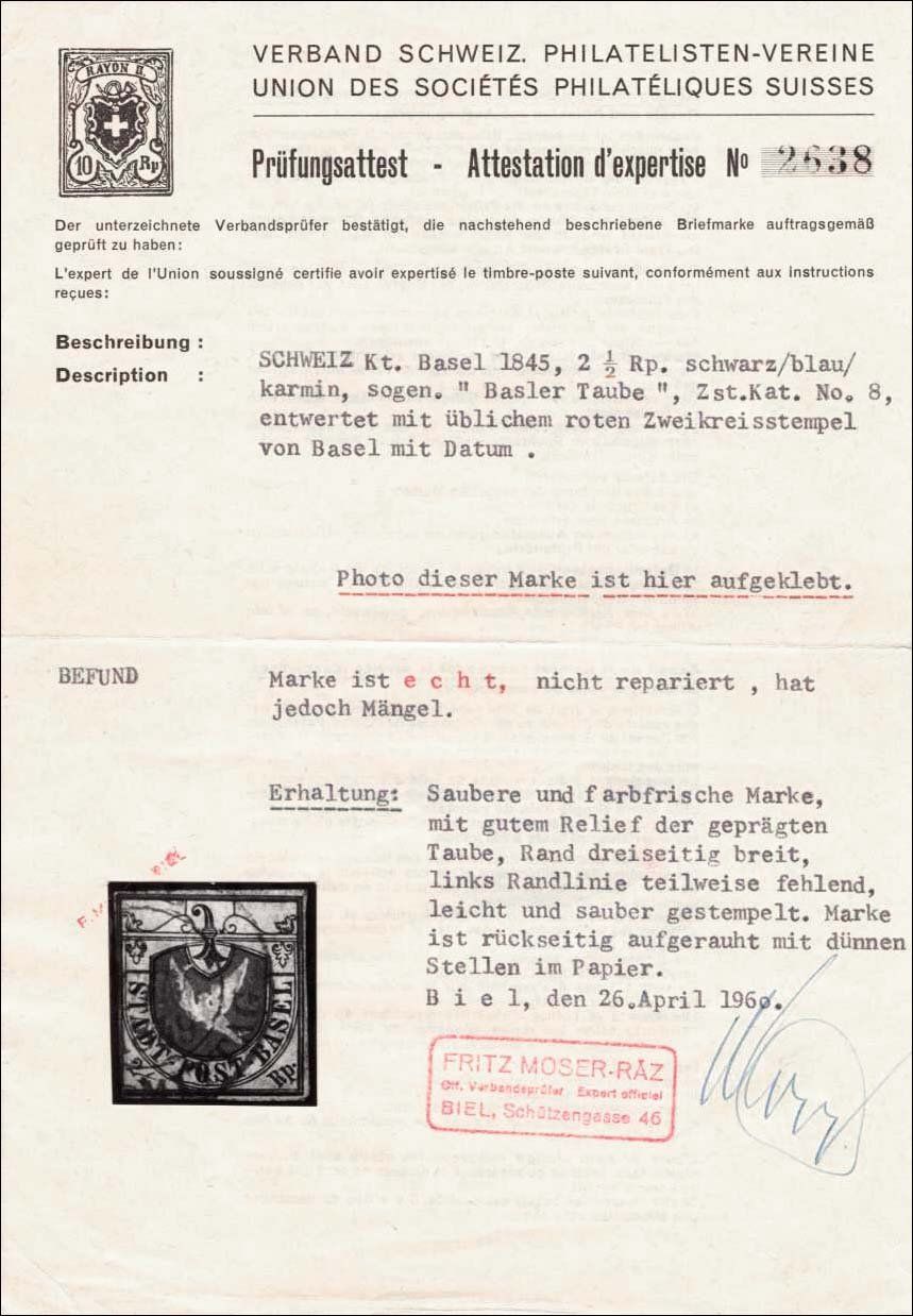Alle Briefmarken: 1845 BASLER TAUBE Kat.-Nr. 8 sauber gestempelt – Gebraucht aus Heerbrugg von Swissphila 2