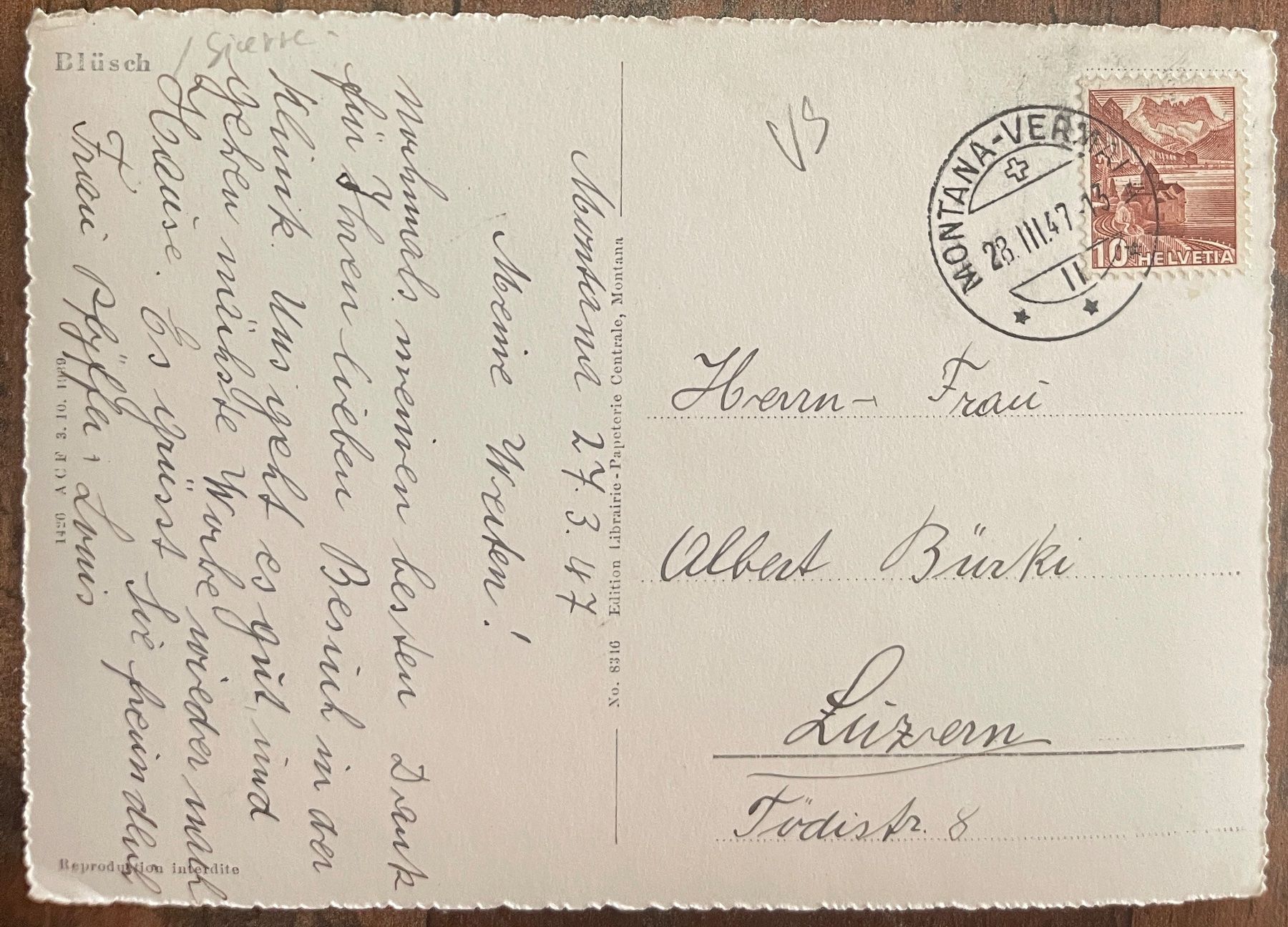 Cartoline postali: BLÜSCH - SIERRE - 1947 – Usato da Lutry venduto da Ediego 1