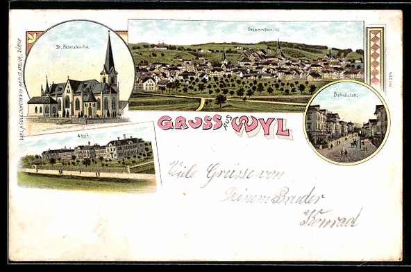 Cartoline postali: Litho Wyl, Asyl, Bahnhofstrasse, St. Pet – Usato da Berlin venduto da bartko-reher