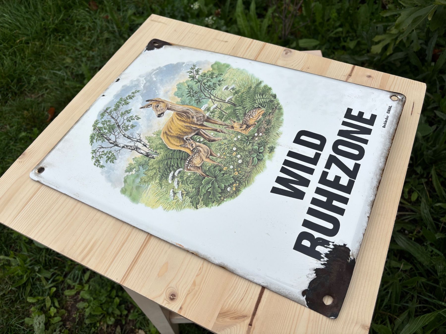 Insegne: seltenes altes Bockhacker Emailschild Wild Ruhezone – Usato da Feldbach venduto da Olive1 3