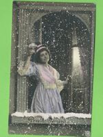 Antik Postkarte Neujahr Grüsse Prosit Winter Frau Schnee
