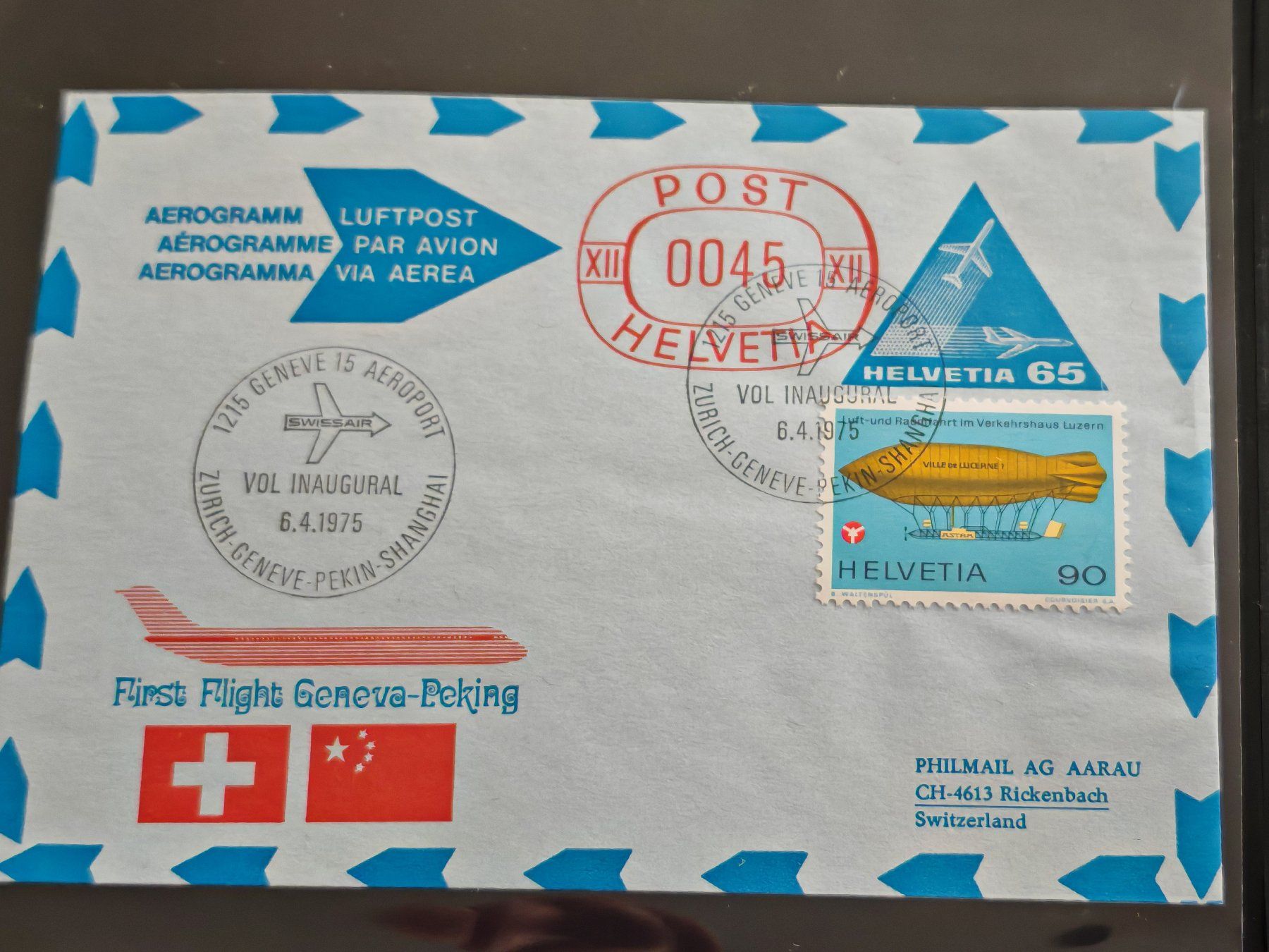 Tutti i francobolli: Aerogramm, Erstflug Genf-Peking, 1975 – Usato da Zuerich venduto da Antiquarium