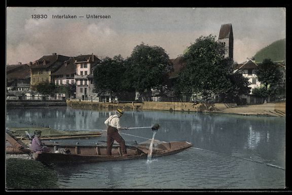 Cartoline postali: AK Interlaken, Unterseen, Ortspanorama mit Kahn – Usato da Berlin venduto da bartko-reher
