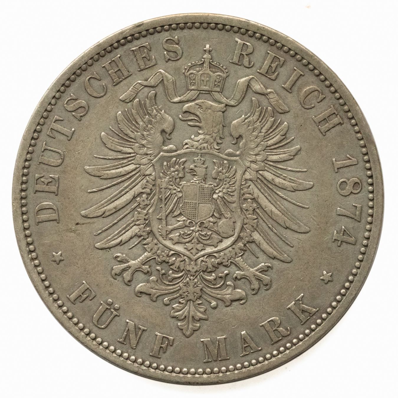 Tutti le monete: Kaiserreich, Preussen 5 Mark 1874 A Silber – Usato da Rotkreuz venduto da num_6343 1