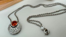 Collier Weiss-Gold massiv 750 Diamanten & Mandarin Granat