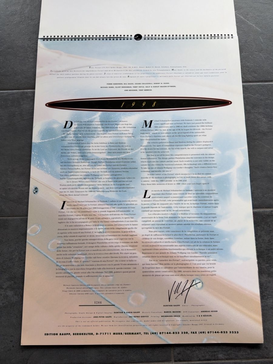 Ferrari Kalender: Original Ferrari Kalender 1998 – Gebraucht aus Wolfwil von Rolex1 1