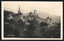 Sargans, Ortsansicht mit Kirche und Burg