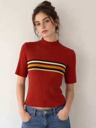 Retro Strick-Top Gr. S, rostrot mit Streifen, Top Zustand
