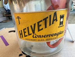 antik,  Helvetia Conservenglas 1,5 Ltr, Hergiswil, Reklame