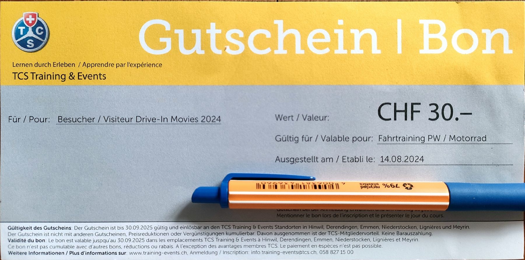 TCS Gutschein Fahrtraining CHF 30.- (Neu (gemäss Beschreibung)) in ...
