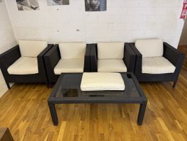 Gartenlounge Set, Polyrattan, 4 Sessel, Tisch & Kissen 🔝