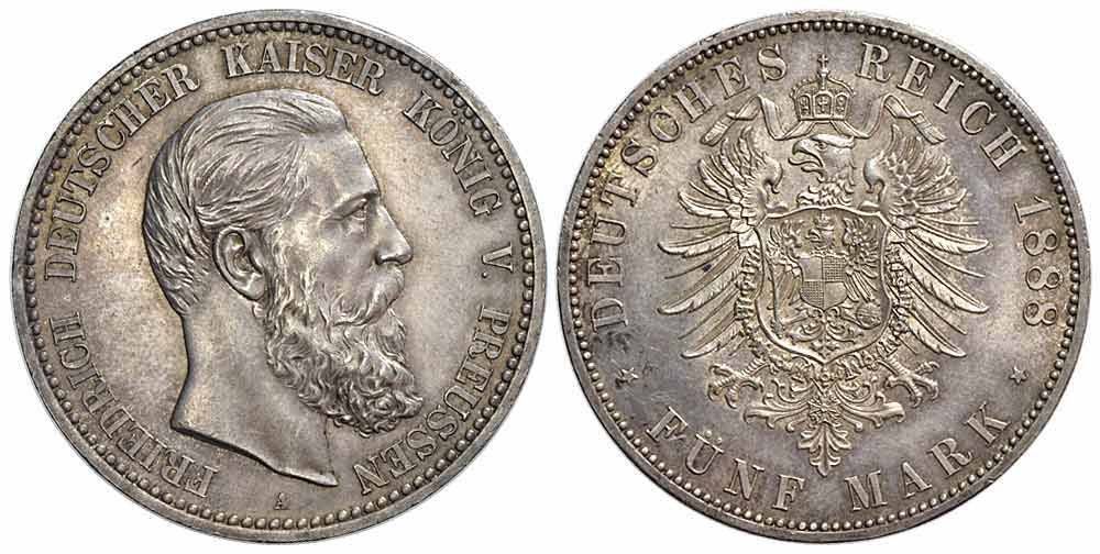 Tutti le monete: Preussen, 5 Mark 1888 A – Usato da Chiasso venduto da Novamarketing