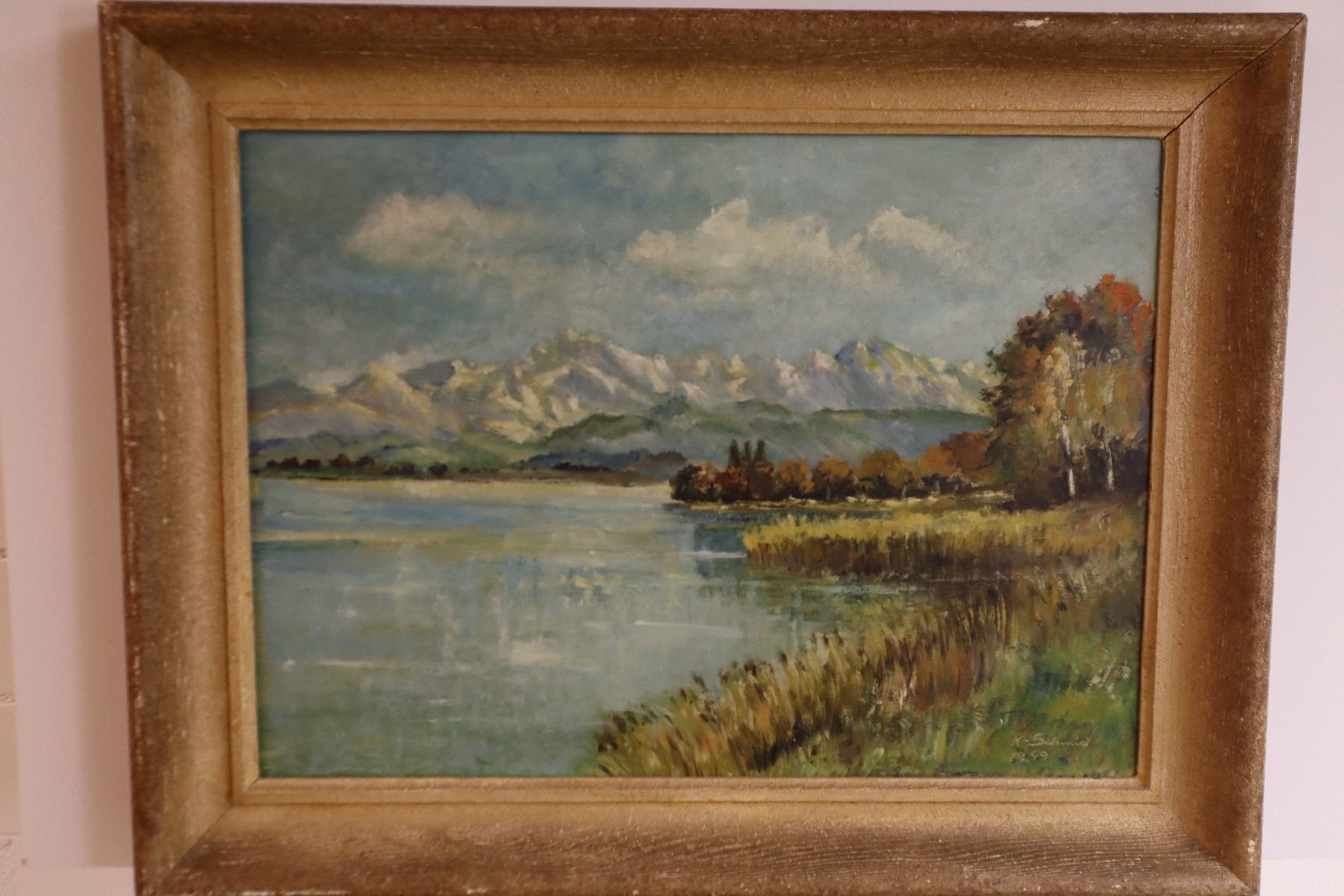 Dipinti: K. SCHMID - Schweizer Alpensee Landschaft 1949 Ölbild sign – Usato da Zürich venduto da KE-Sales 1