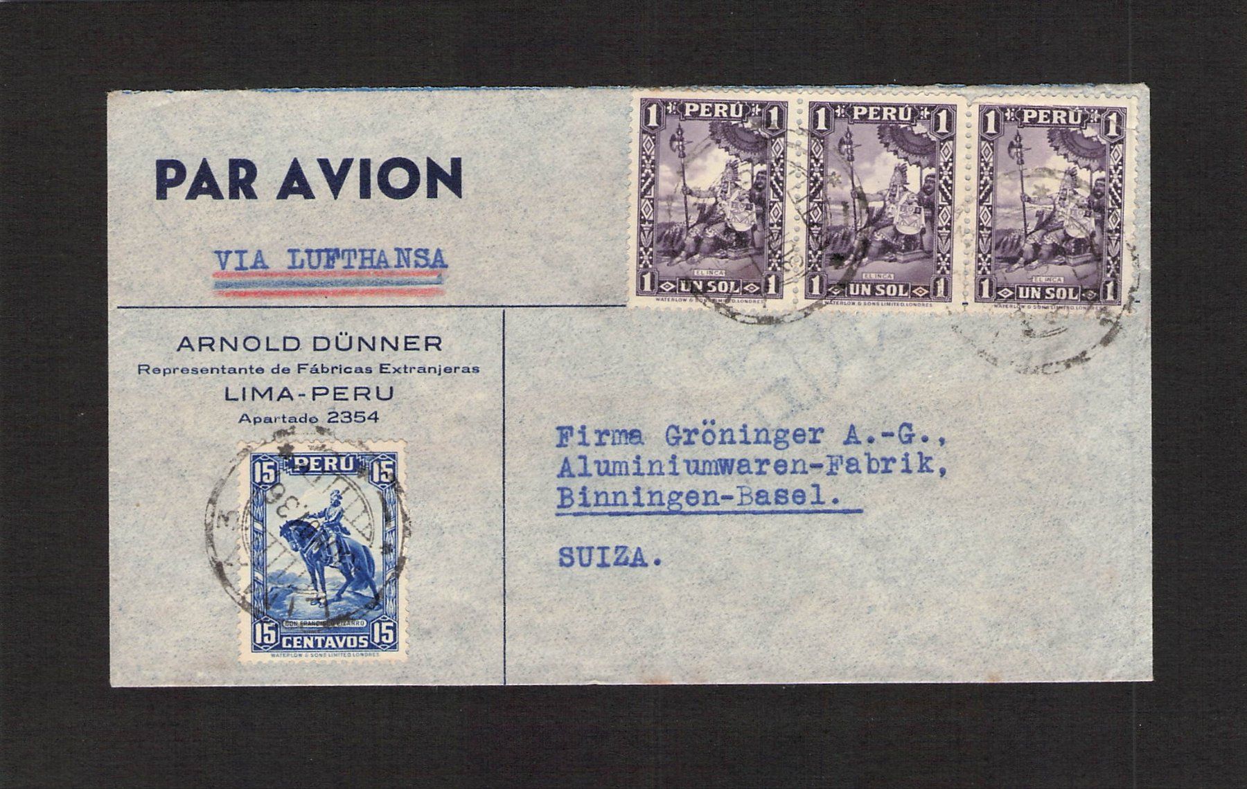 Tutti i francobolli: Flugbrief , Peru - Binningen BL , gel. 1936 – Usato da Reichenburg venduto da ibiza18