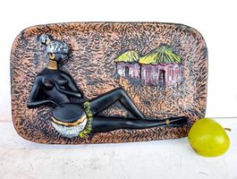 Vintage Bild Frau Afrika Relief Gips Fruchtschale 60er 50er