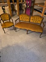 Sofa und Sessel Set antik Holz gelber Bezug gebraucht