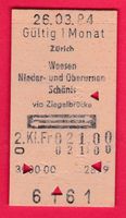 KARTON BILLETT, ZÜRICH - SCHÄNIS, 2.KLASSE, RETOUR