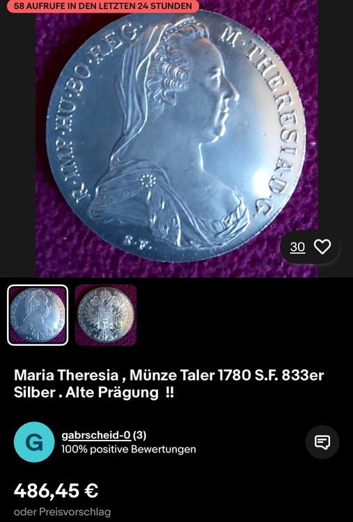 Tutti le monete: Silbermünze Maria Theresia 1780 – Nuovo (secondo la descrizione) da Jakobsbad venduto da FriedelSchmitt 4