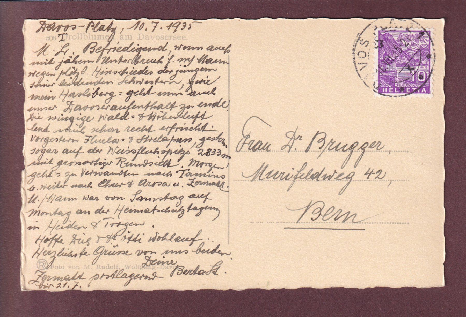 Cartoline postali: Davos - DAVOSERSEE - Trollblumen - 1935 – Usato da Pully venduto da nicecards 1