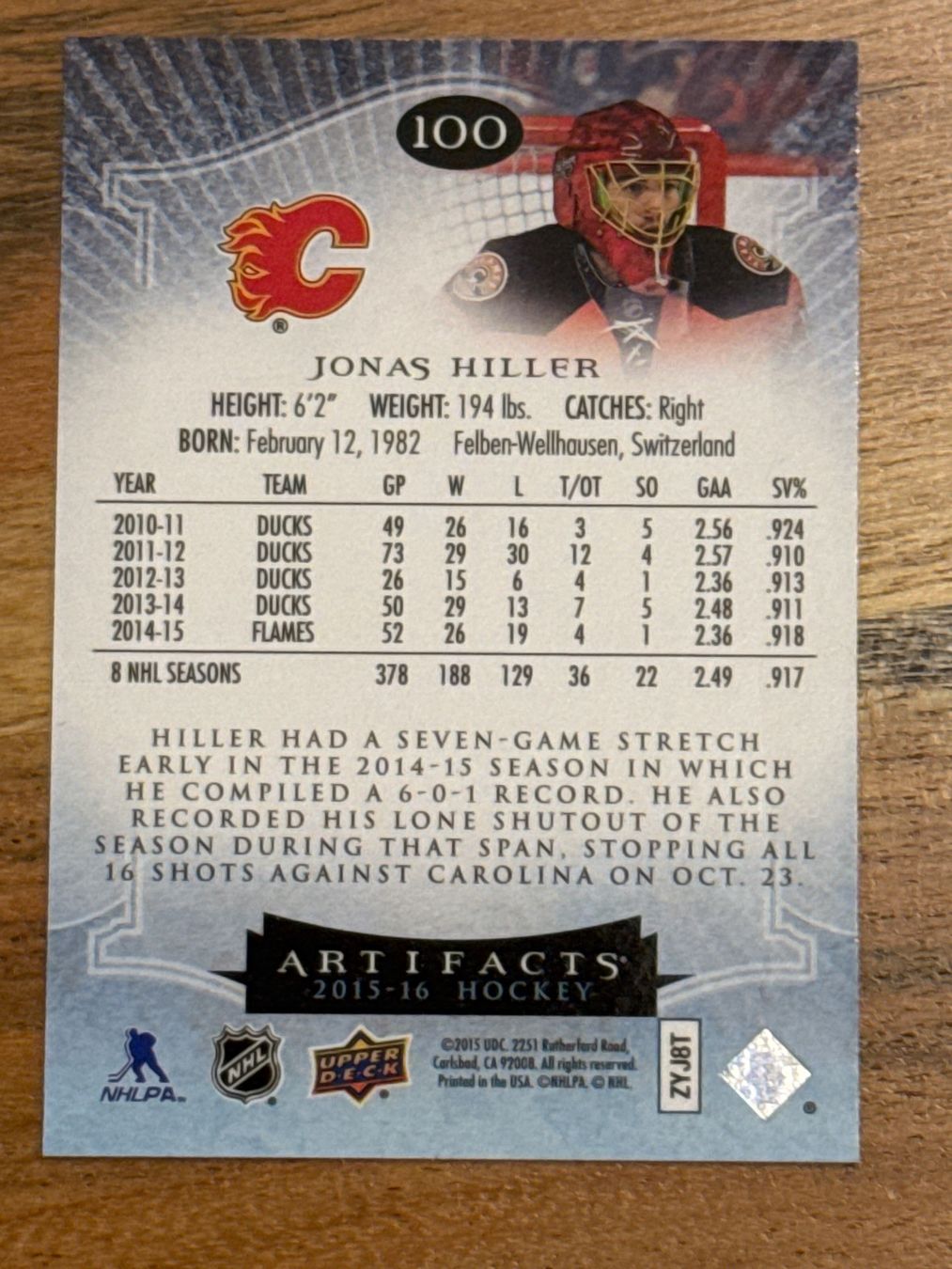 NHL Cartes à collectionner: NHL #100 Jonas Hiller Calgary Flames Artifacts – D'occasion à Grüningen par Peterpan99 1