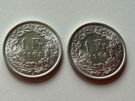 2 x 1 Fr. Silbermünzen von 1964, unzirkuliert