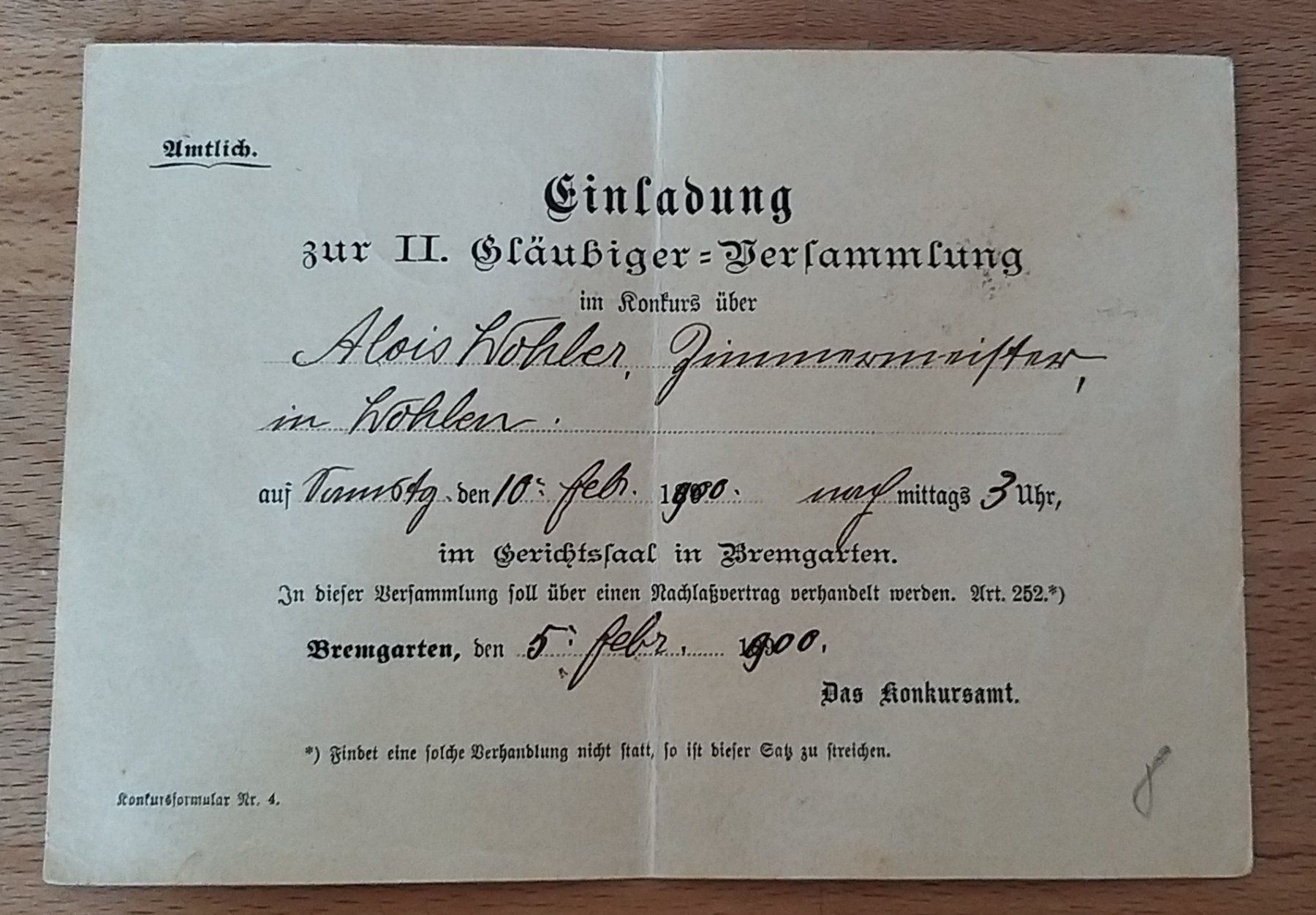 Alle Briefmarken: Amtliche Einladung R - 1900 - Bremgarten – Gebraucht aus Unterägeri von PhilatelieStudiger 1