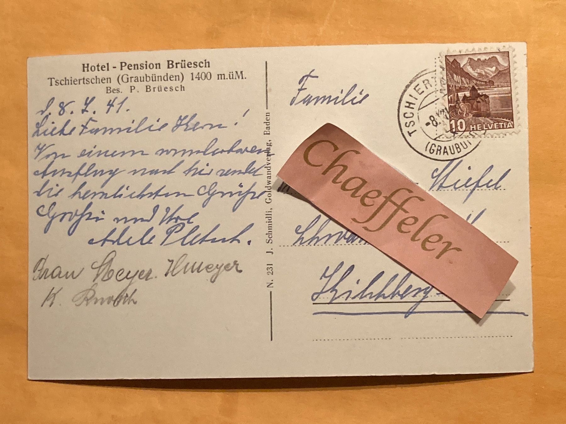 Ansichtskarten: 1941 Tschiertschen (Graubünden) – Gebraucht aus Zürich von Chaeffeler 1