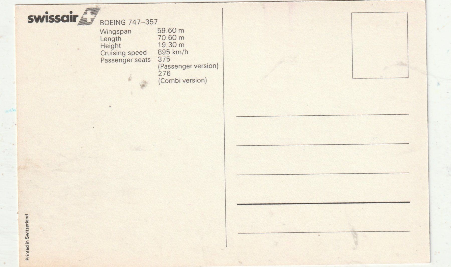 Cartoline postali: Swissair Boeng 747 – Usato da Lumbrein venduto da made02 1
