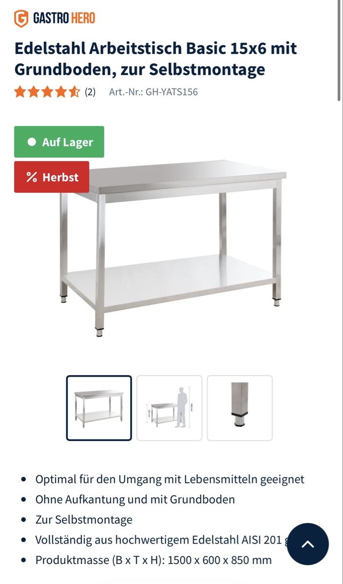 Tavoli: Edelstahl Arbeitstisch Basic 15x6 GastroHeld – Usato da Buchrain venduto da Siilu