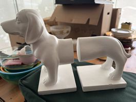 Hund Buchstützen weiss Keramik Set neuwertig