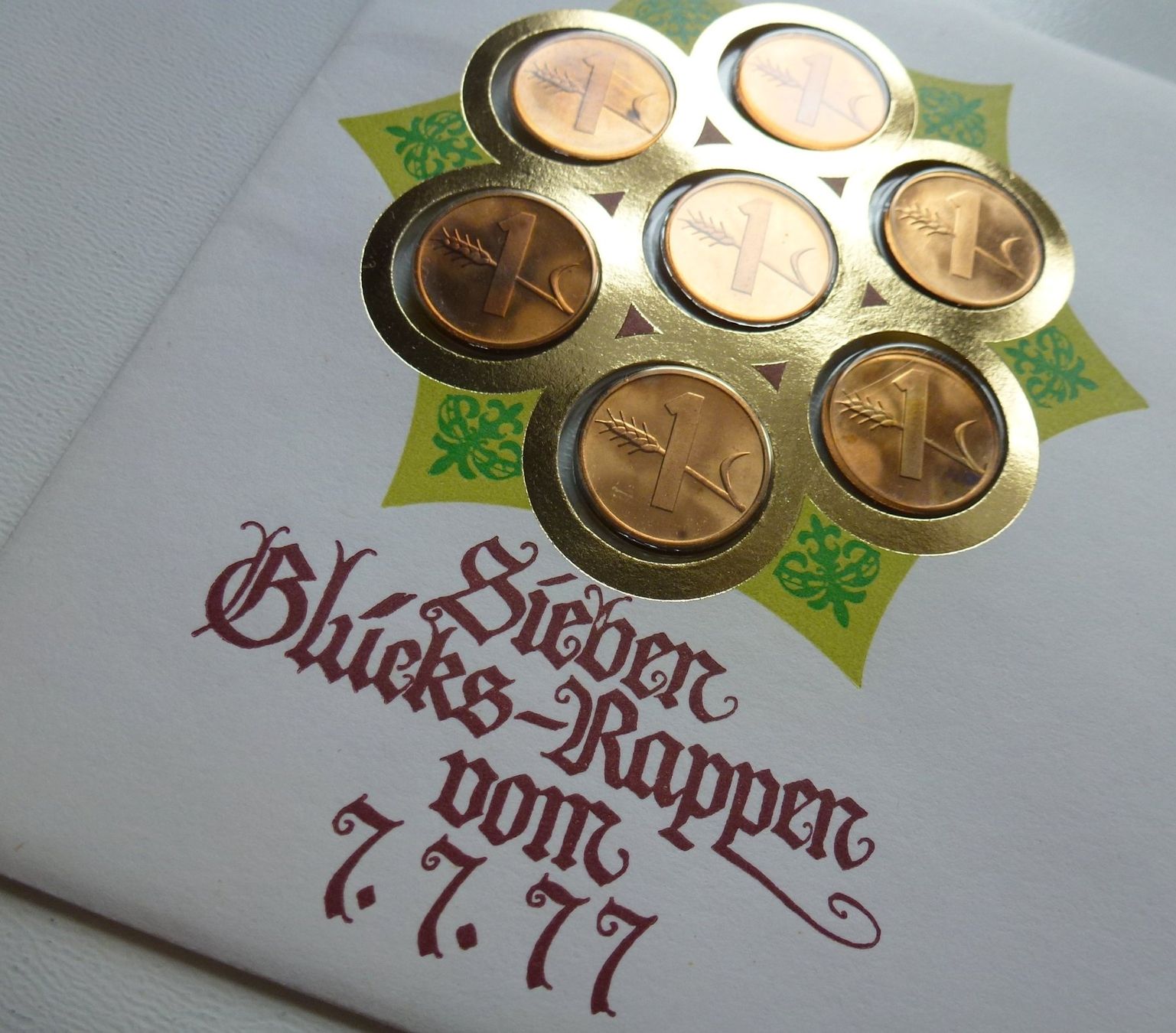 Tutti le monete: Seltener Numisbrief - Sieben Glücks-Rappen vom 7.7.77 – Usato da Walkringen venduto da Casablanca777 1