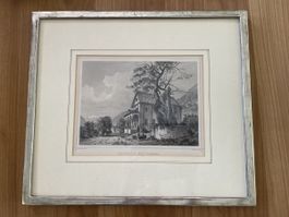 Stich „Kapelle bei Trons" neben Ahorn, gerahmt