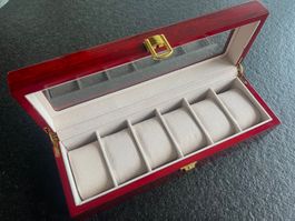 Uhrenbox für 6 Uhren Holz rot Filzfutter weiss