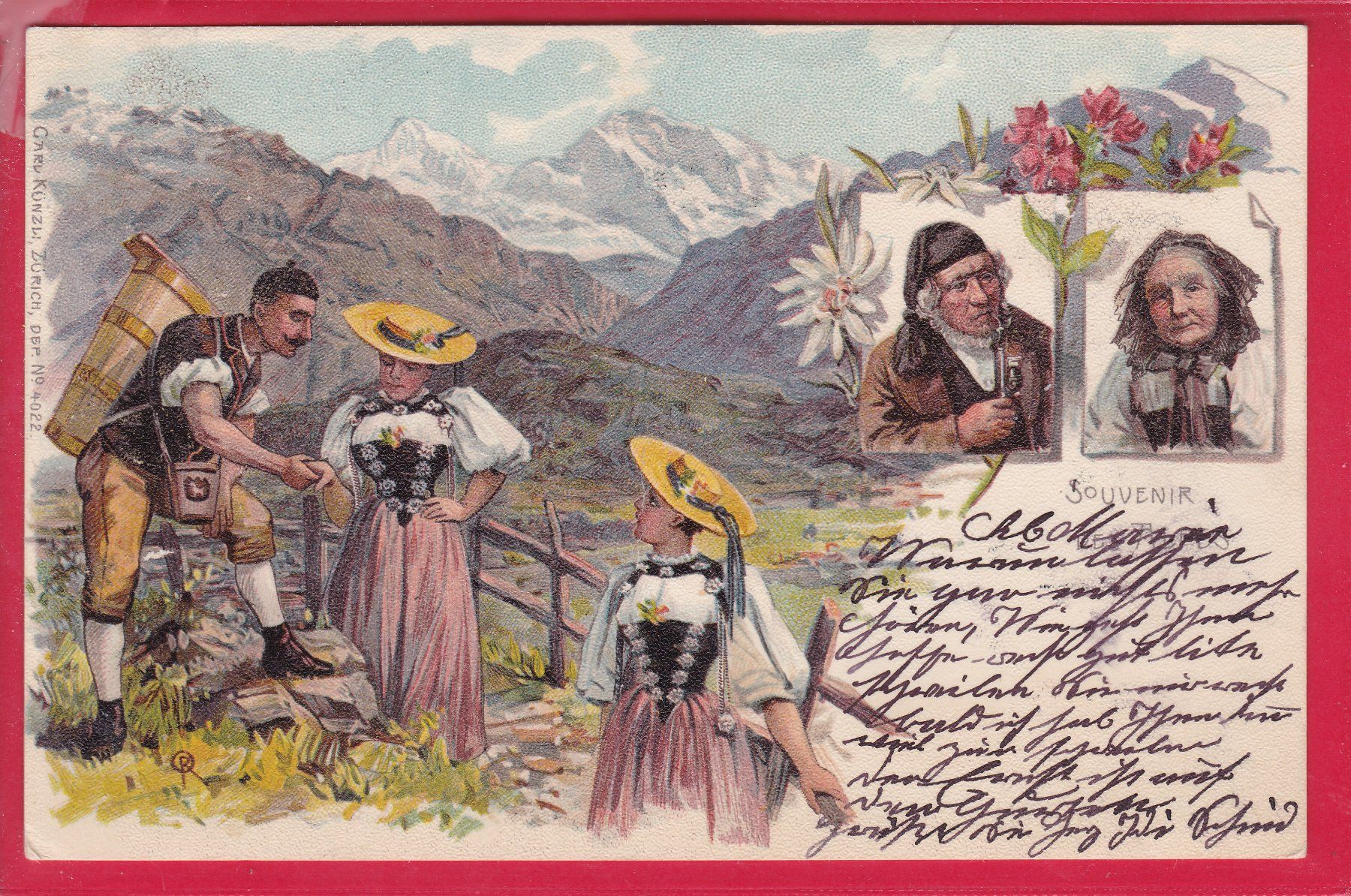 Ansichtskarten: SOUVENIR DES ALPES, 3.7.1901 – Gebraucht aus Oberrieden von Gebirgsstelze