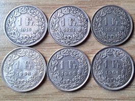 1 Franken 1916/1964 Silber - 6 Stück!