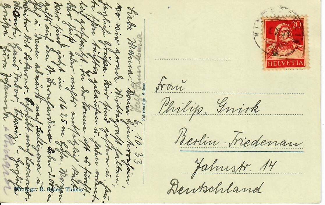Cartoline postali: Hinterrhein 1933 – Usato da Hochdorf venduto da Ziegel-16 1