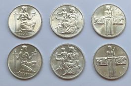 6 Schweizer Silber 5 Franken-Gedenkmünzen 1936 / 1948 / 1963