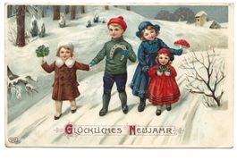 Glückliches Neujahr - Kinder - Hufeisen - Präge-Litho - 1912