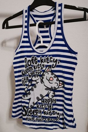Top Gr. S, weiss/blau gestreift mit süssem Katzenmotiv