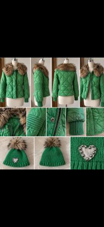 Grünes Winterset Jacke Echtpelz/Daunen & Mütze mit Echtpelz