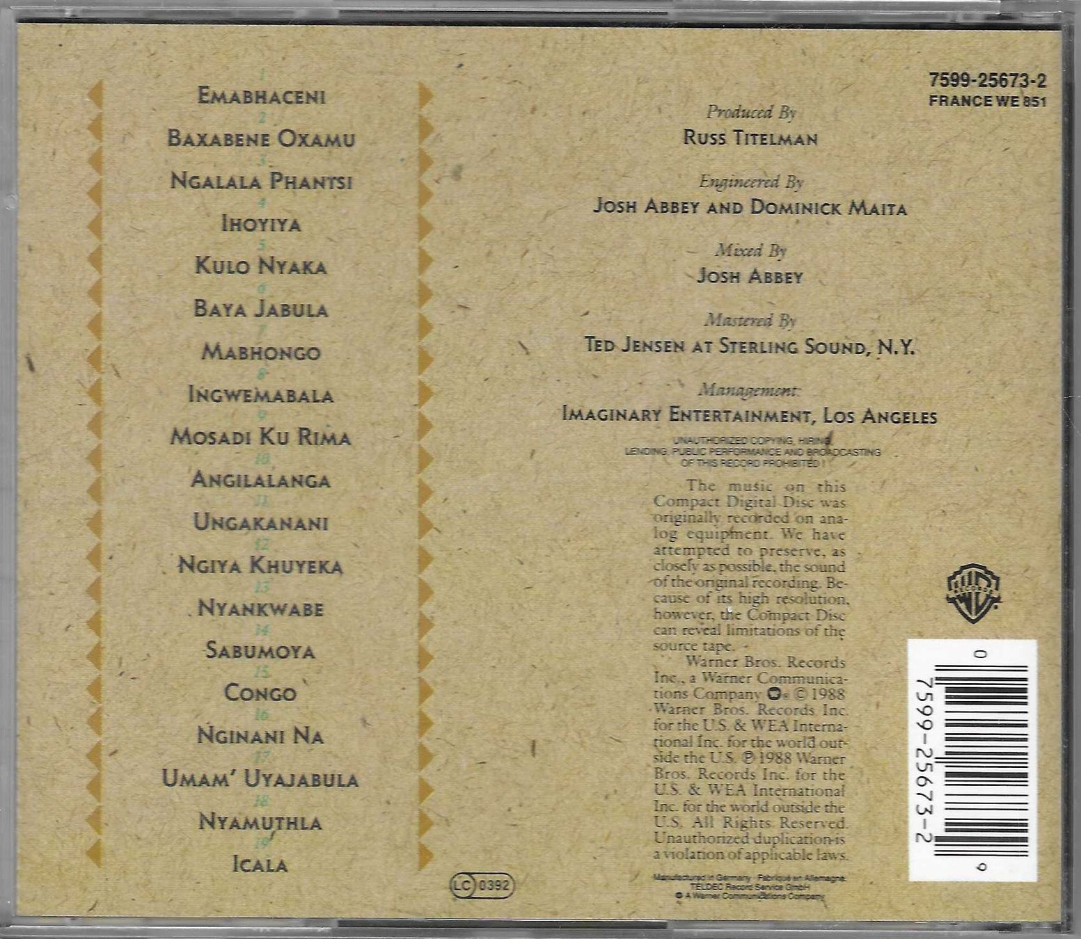 CD: MIRIAM MAKEBA  -  SANGOMA – Usato da Bex venduto da Giorgiob 1