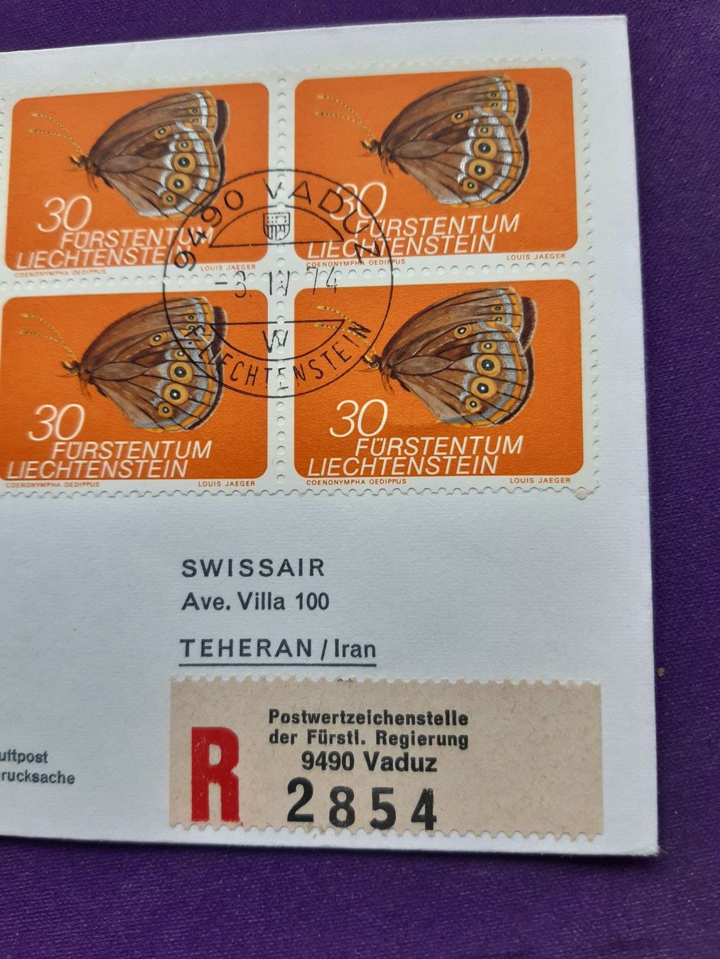 Tutti i francobolli: Flugbrief Nonstop Vaduz-ZH-TEHERAN, 3.4.74, eingeschrieben – Nuovo (secondo la descrizione) da Wangs venduto da weisstannen01 1