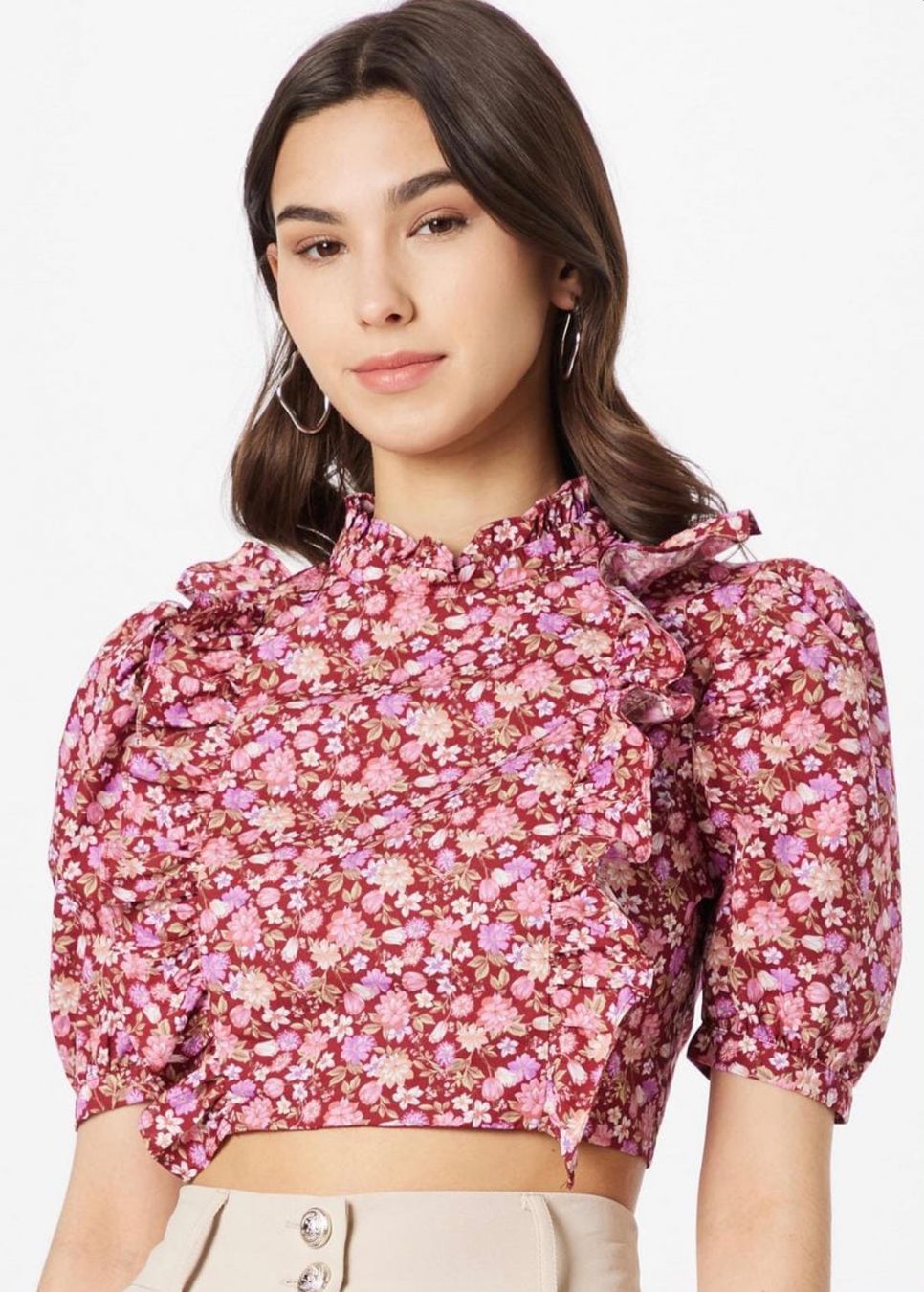 Camicette: Glamorous cropped Bluse Blumen Rüschen 40 bordeaux – Nuovo (secondo la descrizione) da Regensdorf venduto da secondchancefashion