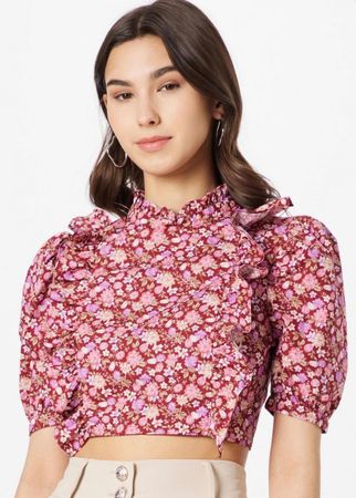 Glamorous cropped Bluse Blumen Rüschen 40 bordeaux