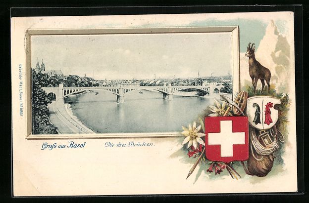 Cartoline postali: AK Basel, Die drei Brücken, Wappen – Usato da Berlin venduto da bartko-reher