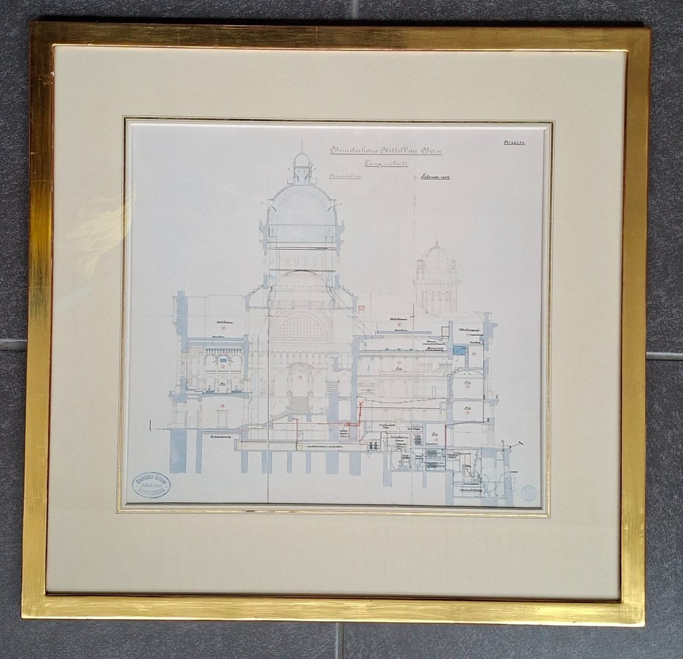 Grafica & Litografie: Bundeshaus Bern, Bauplan, Längsschnitt, Sulzer, Litho, antik – Usato da Herisau venduto da Saentis1